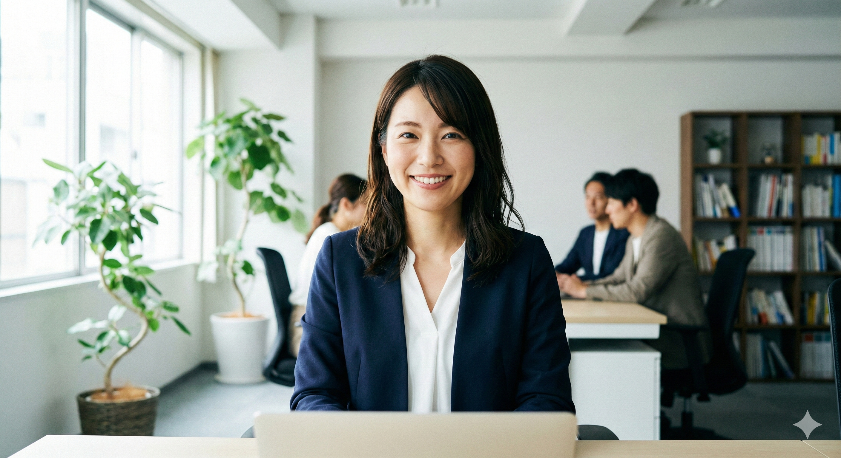 デスクに座り笑顔でこちらを向いている日本人事務スタッフ